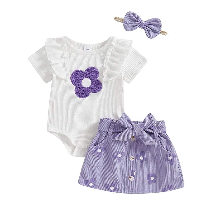 Adorable Baby Girl Floral Print Romper with Matching Skirt and Headband Set for Summer Outings and Photoshoots