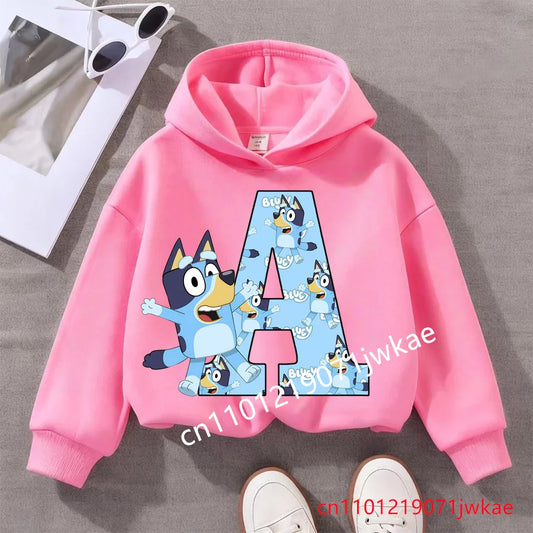 Kids Bluey Letter ABCD Pattern Printing Hooded Sweatshirt Fall Winter Warm Soft Pullover Comfortable Playwear for Boys Girls