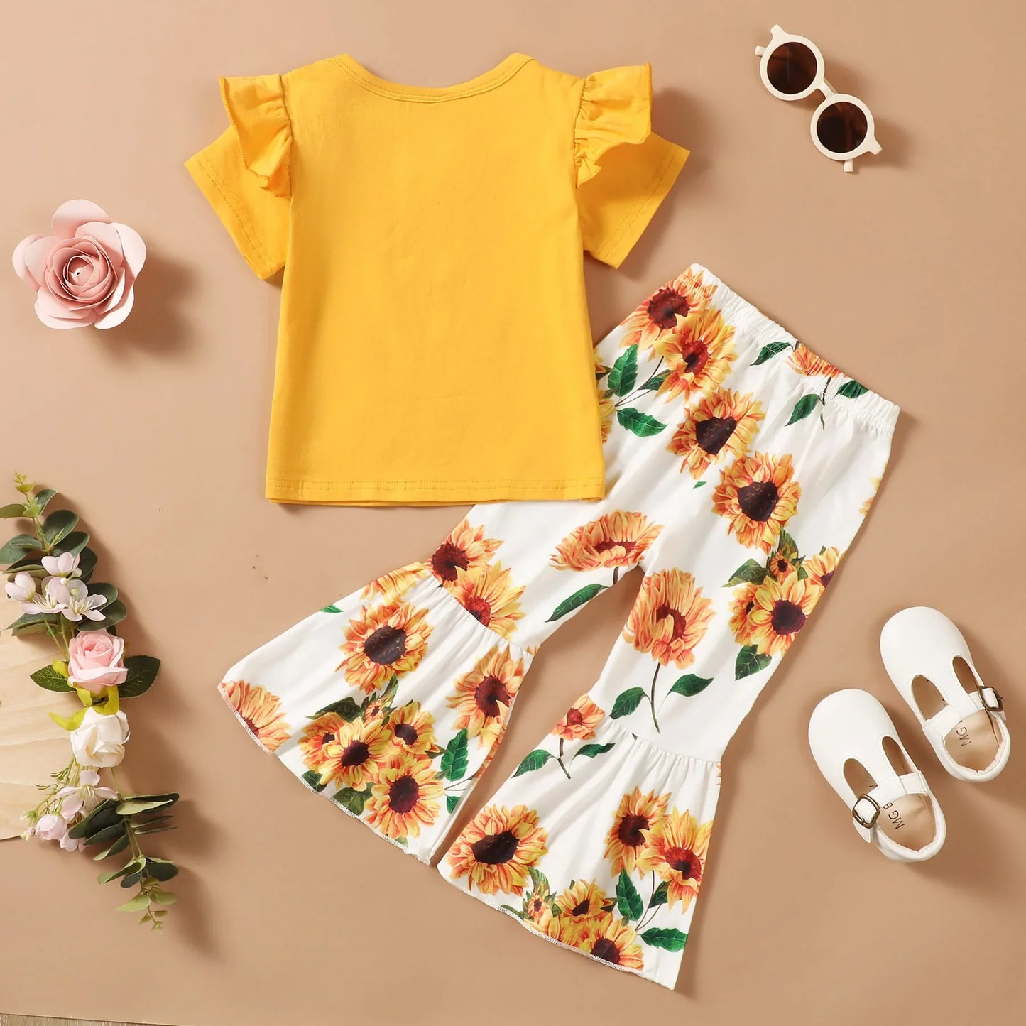Fashion Clothes Set Toddler Girl Short Sleeve Top+Sunflower Flare Pants Summer Clothing Outfits for Kids Girl 1-5Years
