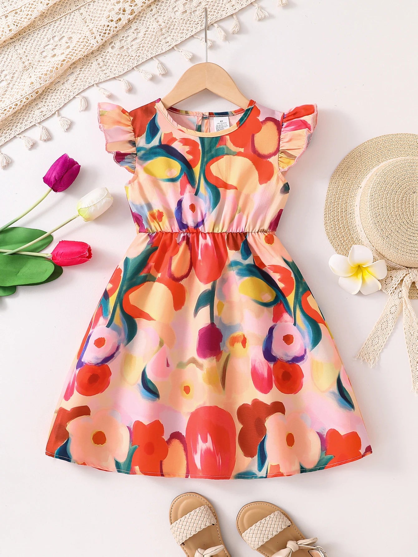 Girls' Fashionable and Simple Summer Dress, Toddler Girl's Floral and Leaf Pattern Back Zipper Fly-Sleeve Cinched Waist Mid-Length Dress, Girls' Everyday Comfortable Soft Versatile Youthful and Energetic Children's Clothing,