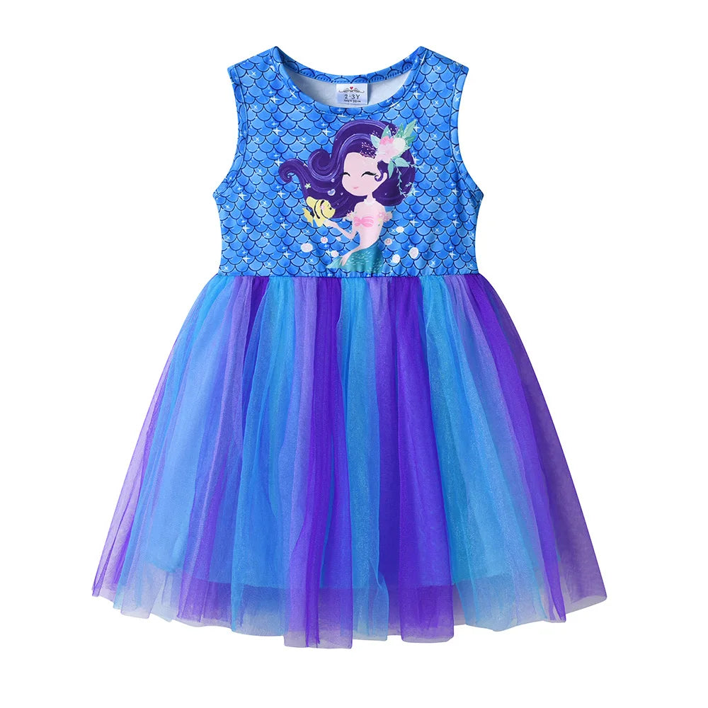 VIKITA Girls Mermaid Scale Print Dress Kids Sleeveless Summer Cartoon Blue Purple Ombre Tulle Princess Party Beach Casual Frocks