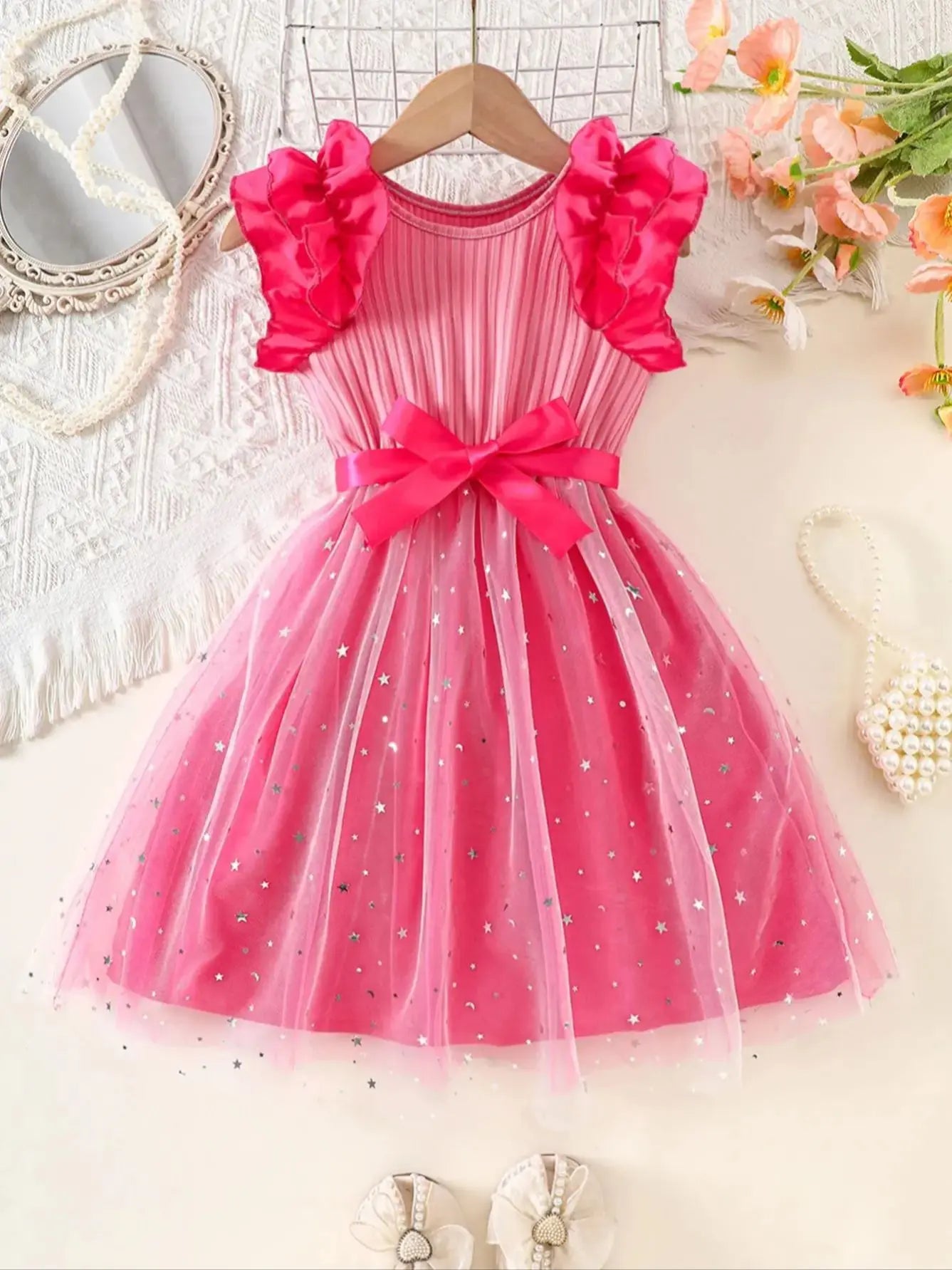 Girls' Spring and Summer Casual Knit Round Neck Ribbed Flutter Sleeve Sequin Mesh Dress Beach Party Gathering Gift