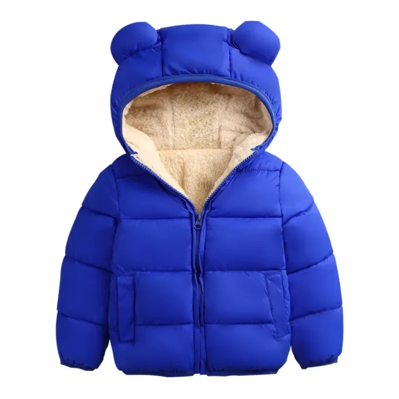 Kids Solid Color Coat, Zipper Open Front Hooded Cotton-padded Jacket for Boys and Girls, Black/ Dark Blue/ Royal Blue/ Red