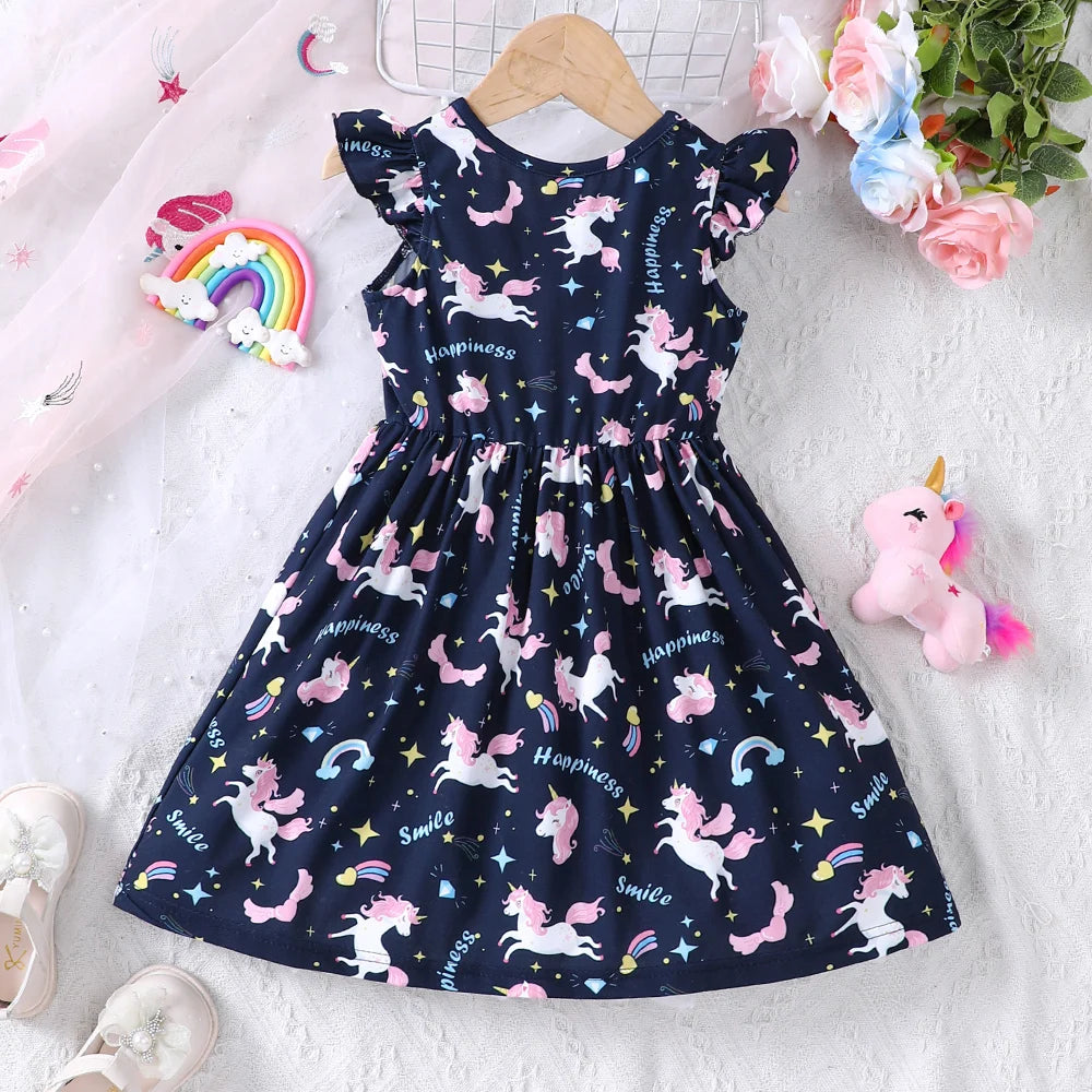 Girls' Summer Cartoon Unicorn Rainbow Printed Dress