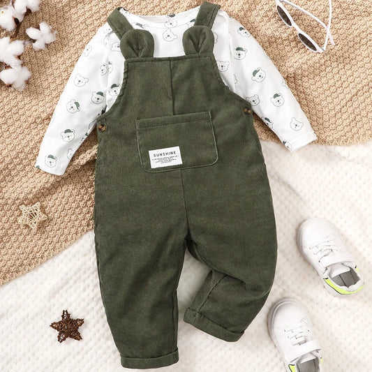 Baby Boy 2PCS Clothing Set Bear Print Bodysuit with Green Overall Fashion Cute Autumn and Winter Costumes