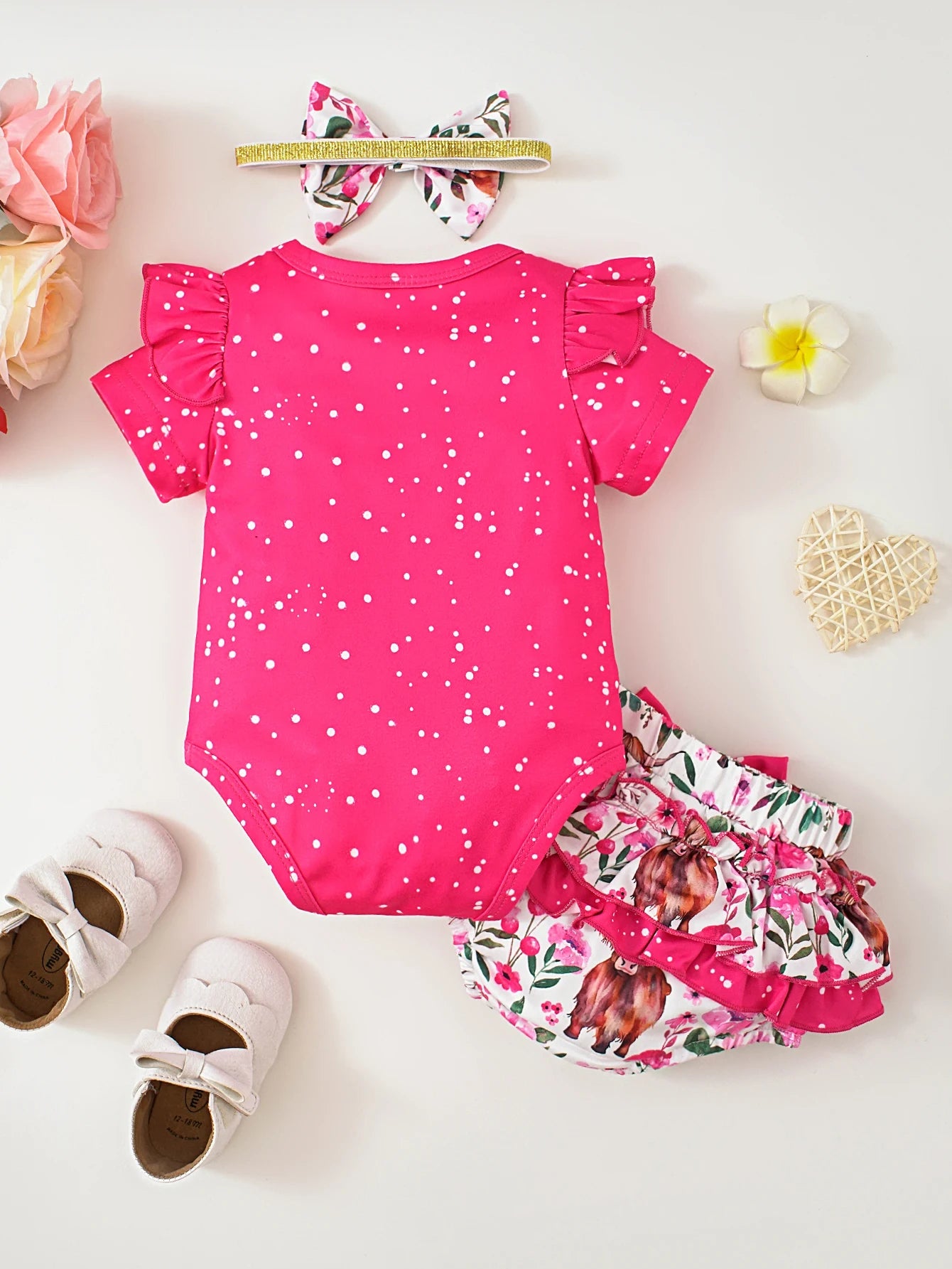Cute Casual Floral Butterfly Headband Short-Sleeve Romper and Triangle Shorts 3-Piece Set for Babies and Toddlers