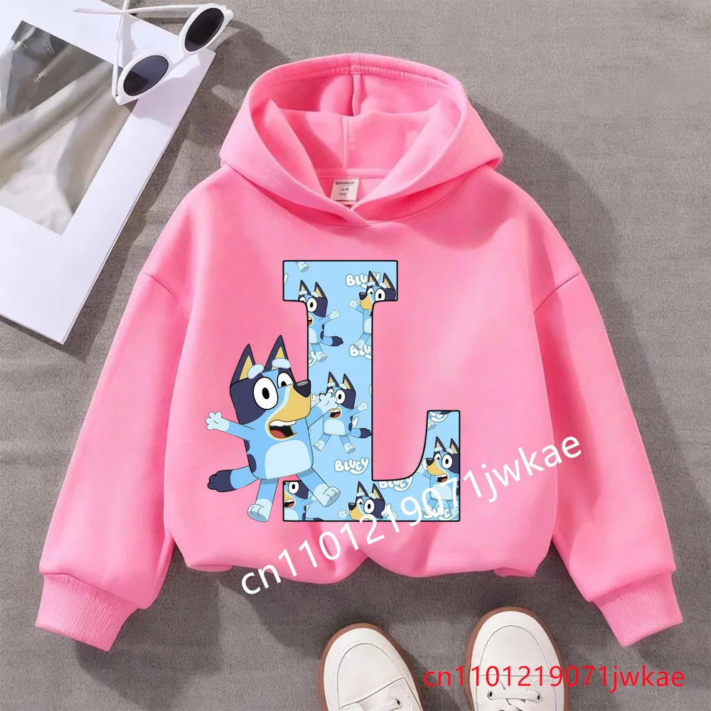 Kids Bluey Letter ABCD Pattern Printing Hooded Sweatshirt Fall Winter Warm Soft Pullover Comfortable Playwear for Boys Girls