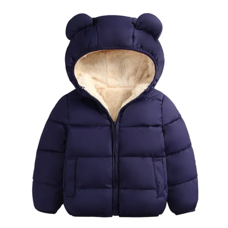 Kids Solid Color Coat, Zipper Open Front Hooded Cotton-padded Jacket for Boys and Girls, Black/ Dark Blue/ Royal Blue/ Red