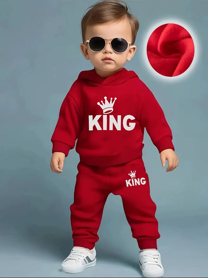 Baby Boy KING Crown Pattern Fleece Hoodie+Casual Pants Two Piece Set Spring and Autumn Sportswear