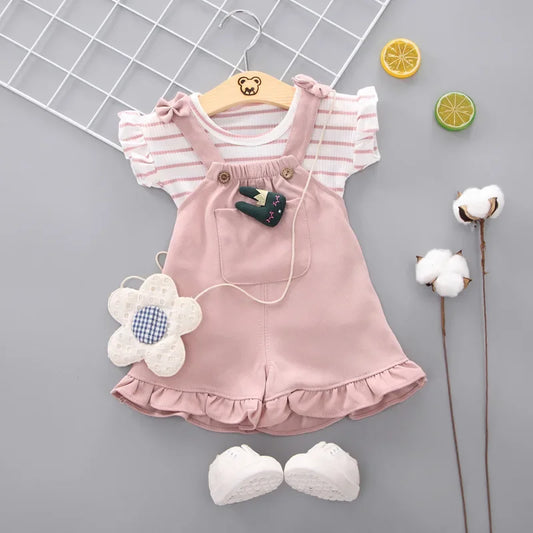 Cute Toddler Baby Girl T-shirt+Suspender Shorts Outing Clothes New Fashion Bay Sets Suits (No Shoes No Bag)