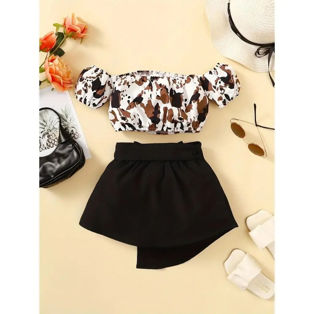 Toddlers Girl Summer Clothes Set Off Shoulder Leopard Print Top+Short Skirt with Bow Birthday Party Wear for Kids 1-4 Years