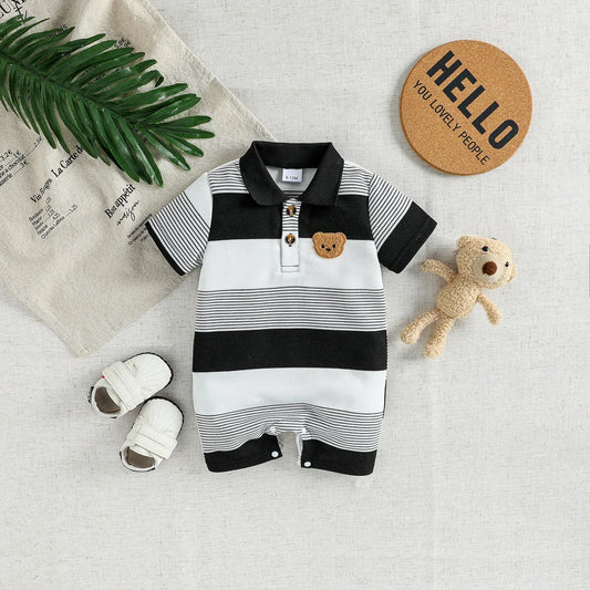 Baby Boys Cute Striped Summer Short Sleeve Turn-down Collar Bodysuit For 0-1Y Casual Daily Wear Romper