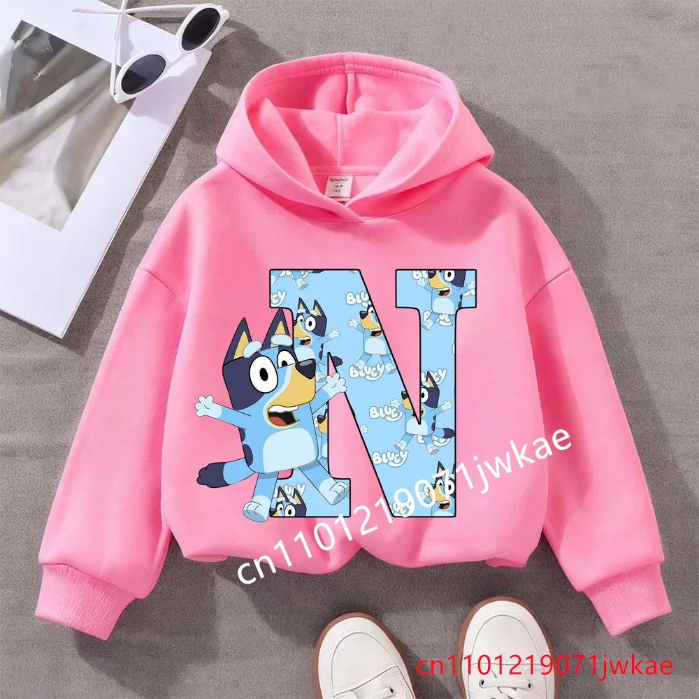 Kids Bluey Letter ABCD Pattern Printing Hooded Sweatshirt Fall Winter Warm Soft Pullover Comfortable Playwear for Boys Girls