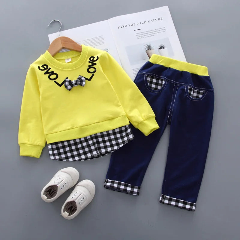 Children's Clothing Sets Bow Plaid Long Sleeve Top + Pants 2pcs Sets Toddler Girl Clothes Kids Boutique Clothes Baby Outfit Set