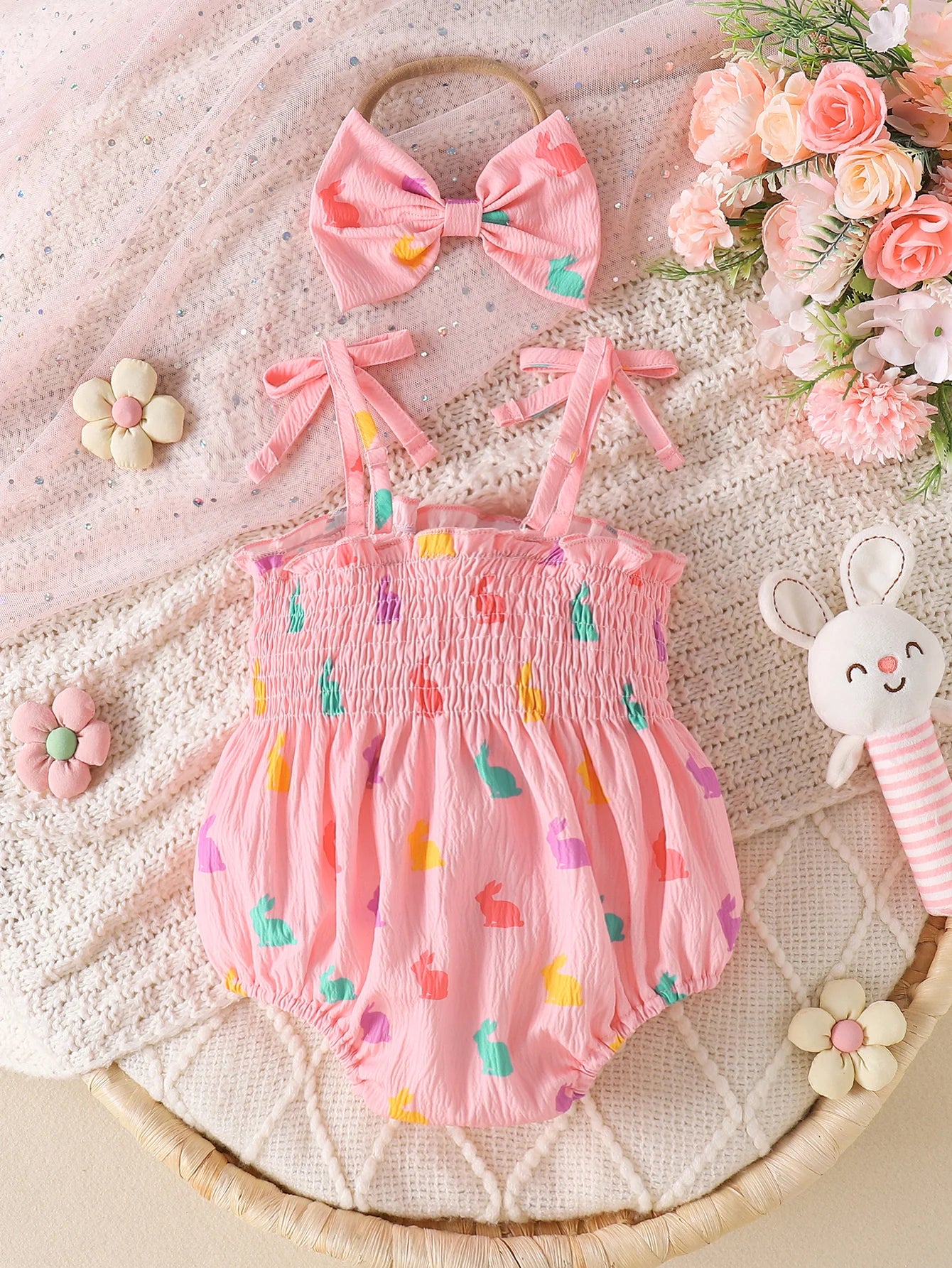 Newborn Baby Girl Rabbit Print Romper Set, Ruffled Sling Bodysuit with Bow Headband, Soft Cotton Summer Outfit for Infant