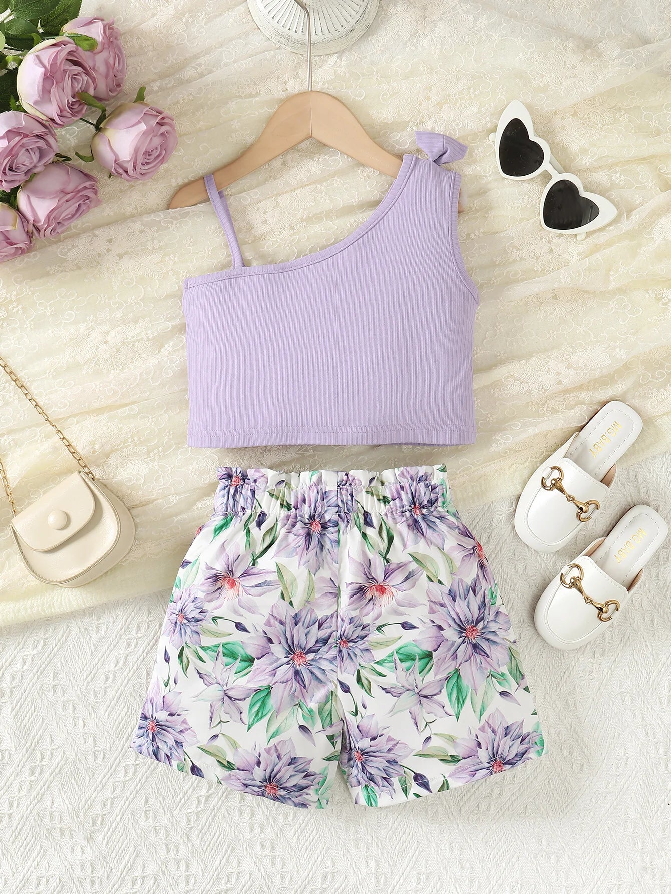 Summer Kids Girl Clothes Set Suspenders Bow Top+Flower Shorts Fashion Sense Design Party Costume For Child Girls 1-8 Years