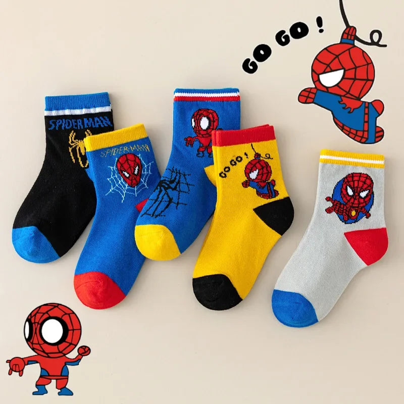 MARVEL Spiderman 5 Pairs Children's Socks Kawaii Soft Anime Socks Kids Boys Socks MiddleTube Cartoon Baby Socks 1-12 Y