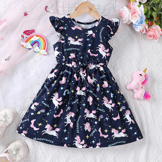 Girls' Summer Cartoon Unicorn Rainbow Printed Dress