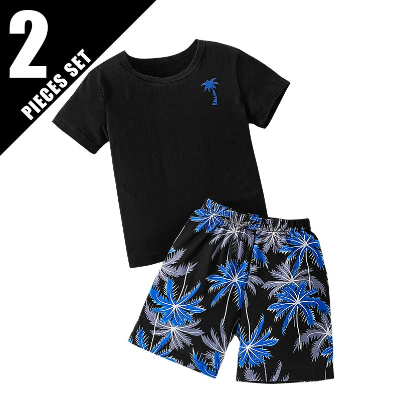 Children's summer leisure sports printed short sleeved shorts set, boys and girls vacation style fashionable T-shirt pants
