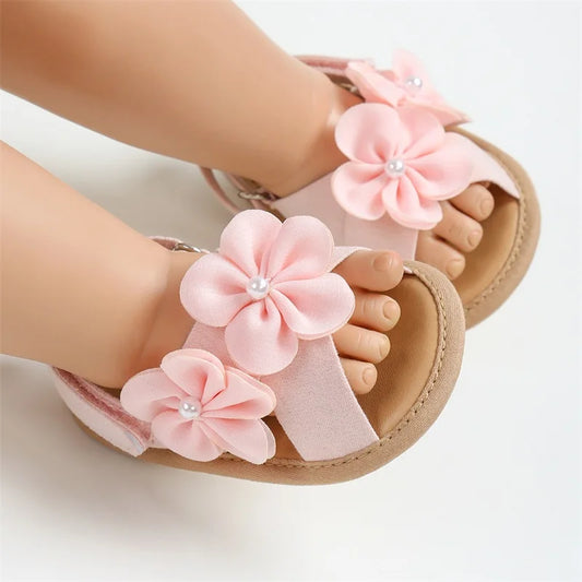 Baby Girls Summer Sandals Cute 3D Flower Decors Non-Slip Flat Sole Shoes Infants Newborn First Walker Shoes
