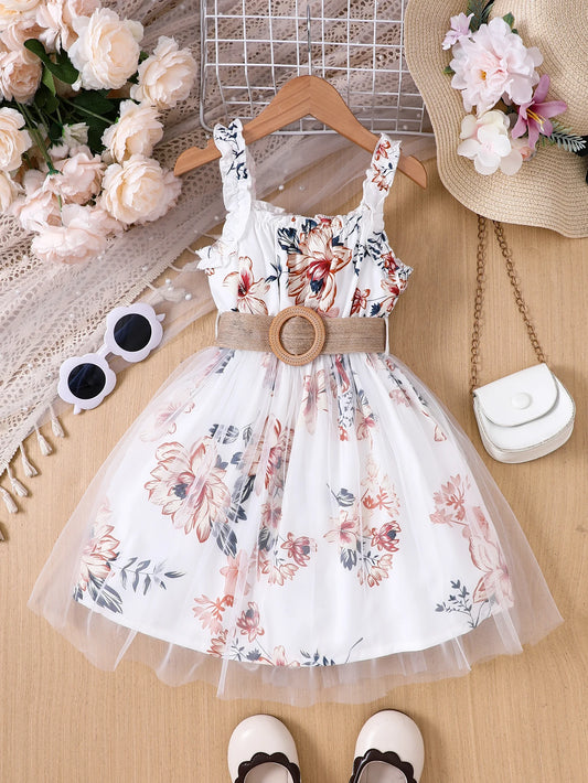 Girls' Spring and Summer Casual Fashion Woven Suspender Floral Print Mesh Dress with Belt