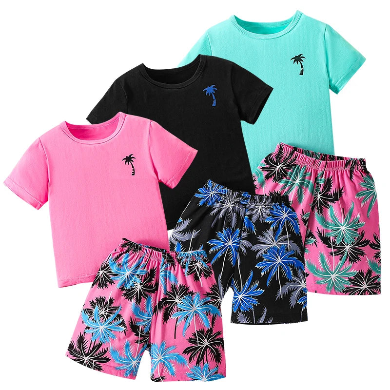 Children's summer leisure sports printed short sleeved shorts set, boys and girls vacation style fashionable T-shirt pants