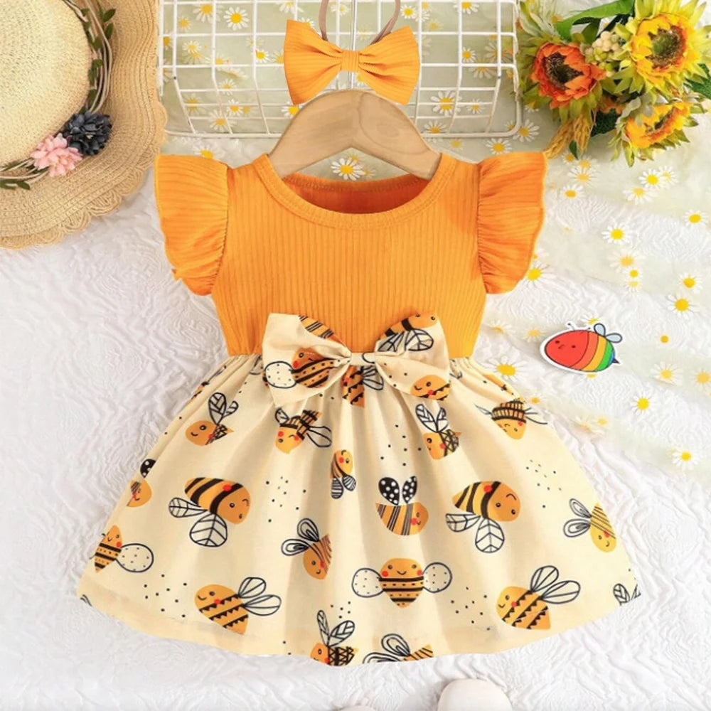 Baby Girl Dress) Summer New Yellow Little Fly Sleeves Cute Bee Children'S Sleeveless Clothes+Bow Headband