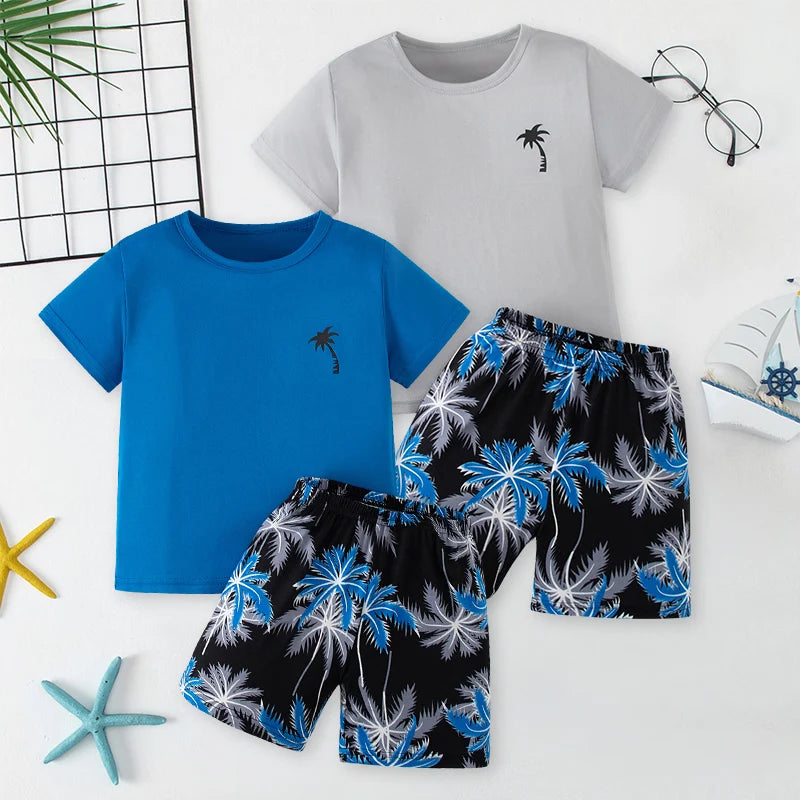 Children's summer leisure sports printed short sleeved shorts set, boys and girls vacation style fashionable T-shirt pants