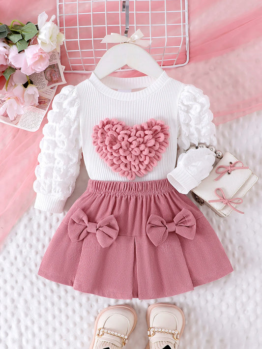 Winter 2PCS New Style For 0-3 Year Old Girls, Comfortable Sweet And Cute Bubble Sleeves, Love Chapter Top + Pink Short Skirt Set