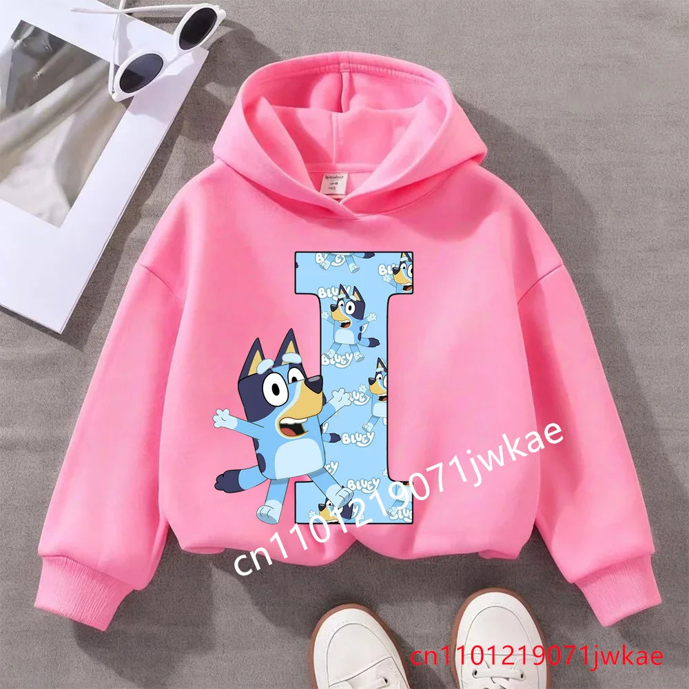 Kids Bluey Letter ABCD Pattern Printing Hooded Sweatshirt Fall Winter Warm Soft Pullover Comfortable Playwear for Boys Girls