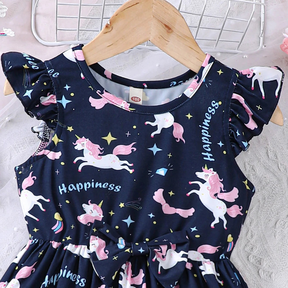 Girls' Summer Cartoon Unicorn Rainbow Printed Dress