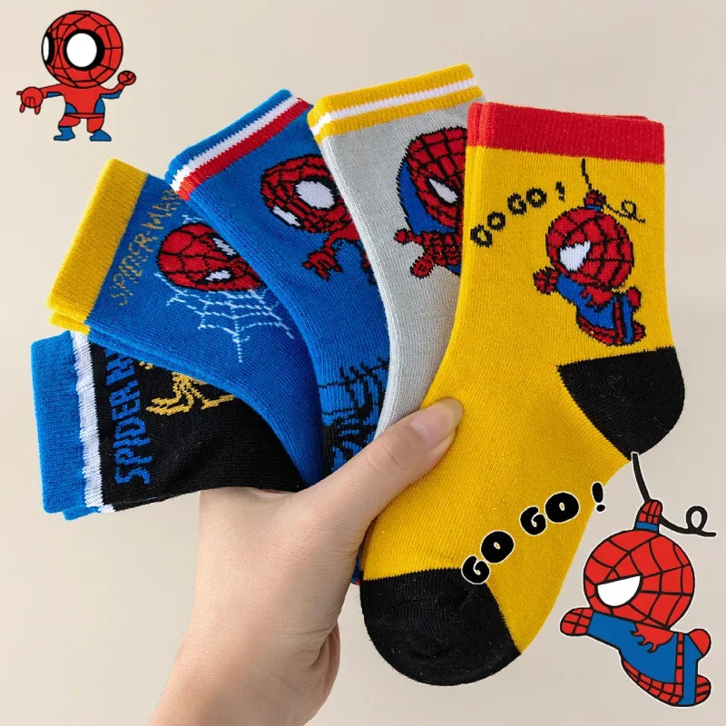 MARVEL Spiderman 5 Pairs Children's Socks Kawaii Soft Anime Socks Kids Boys Socks MiddleTube Cartoon Baby Socks 1-12 Y