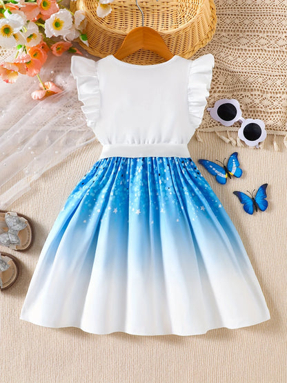 Girls' Spring and Summer Knitted Casual Fashion Round Neck Flutter Sleeve Ruffle Dress with Butterfly Digital Print, Suitable for Holidays, Vacations, Beach, Parties, Gifts