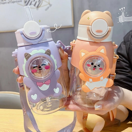 660ml Portable Cartoon Animal Leak-proof Water Bottle Safety Lock Cute Straw Cup Kids Drinking Jug For Outdoor Camping Travel