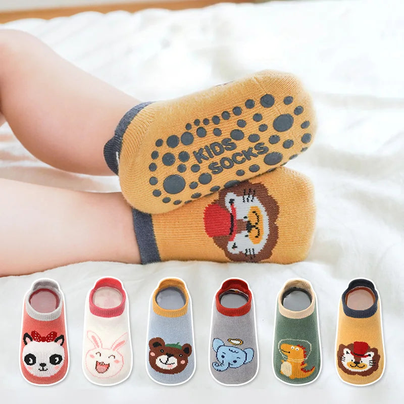 Kids 6 Pairs Cotton Socks Cute Cartoon Animal Pattern Comfy Breathable Baby Non-slip Floor Socks