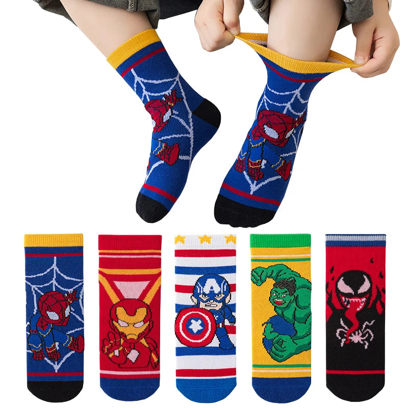 Baby Socks Spiderman Cartoon Anime Hero 5Pairs Cotton Boys Tube Socks Children Autumn Winter Kids Socks