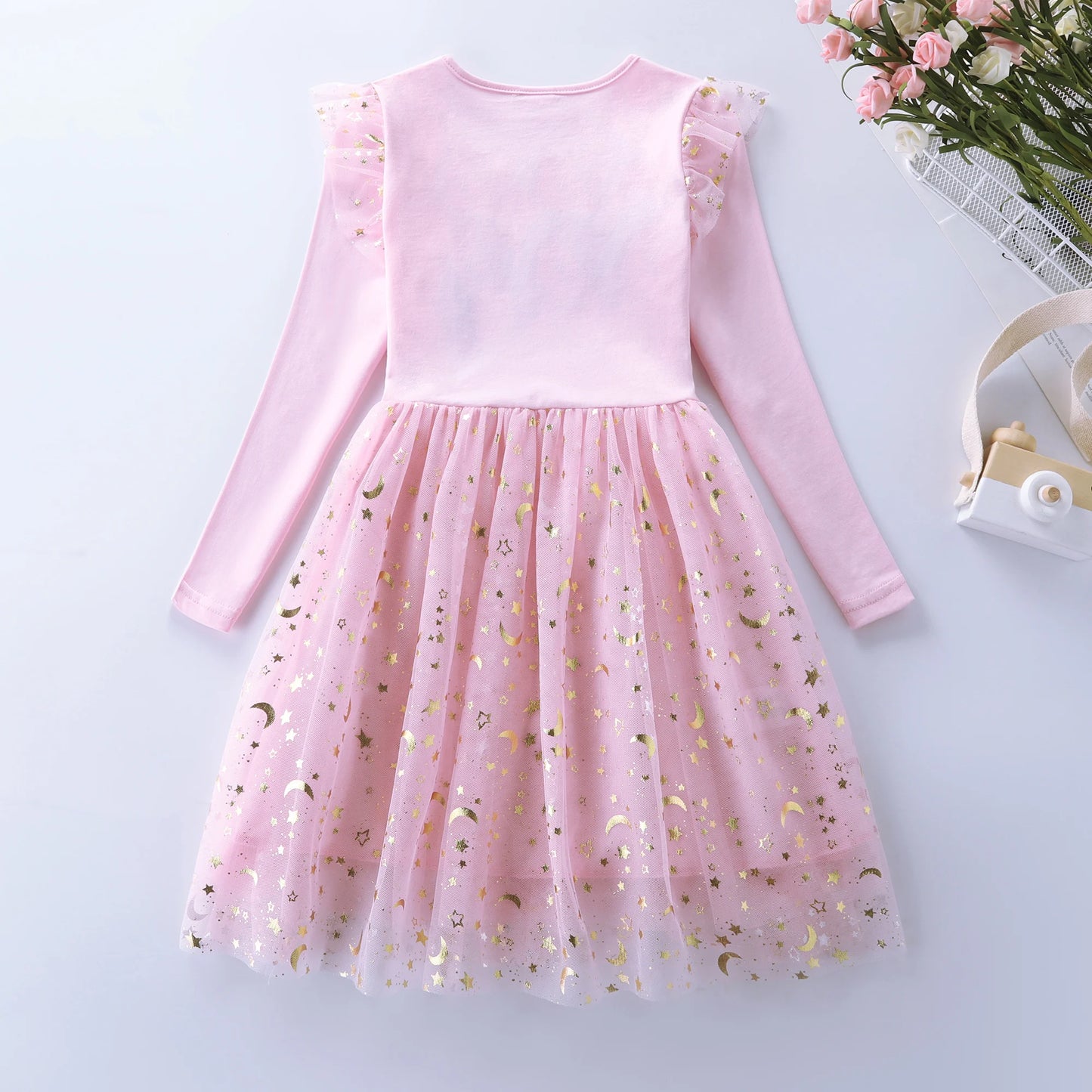 Girls' Autumn New Cotton Embroidered Cartoon Unicorn Mesh Dress