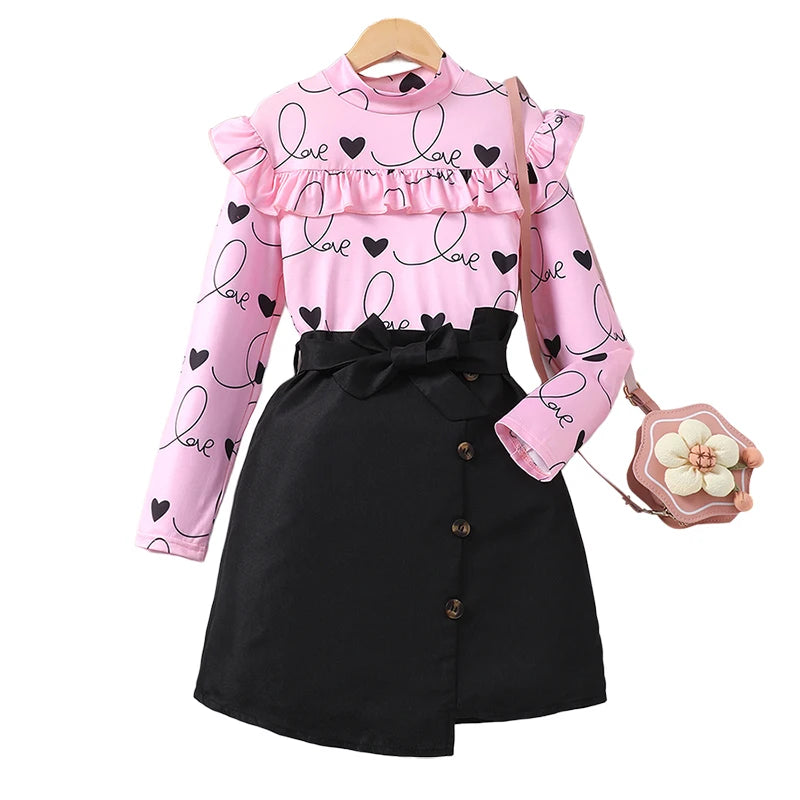 Autumn And Winter Girls' Fashion Trendy Daily Leisure Sweet And Cute Love Long Sleeve&Half Skirt Two Piece Set