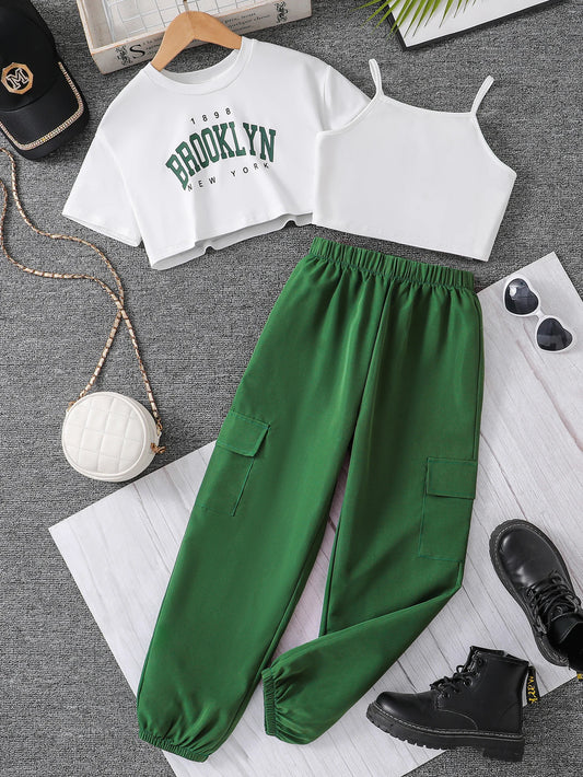 Spring/summer children's fashion trend Girls Athleisure basic three-piece letter print T-shirt Solid color halter vest sweatpant