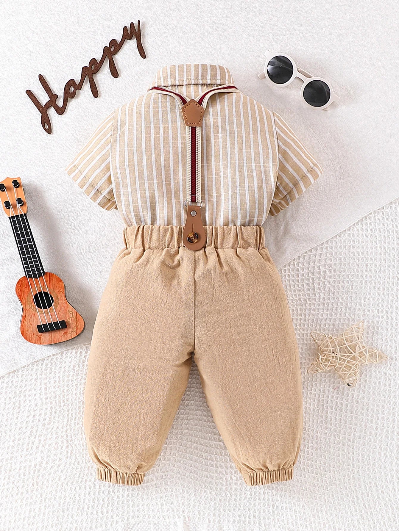 Set of male baby gentleman's clothing, short sleeved shirt, bow tie, tie and suspender, long pants, spring and summer