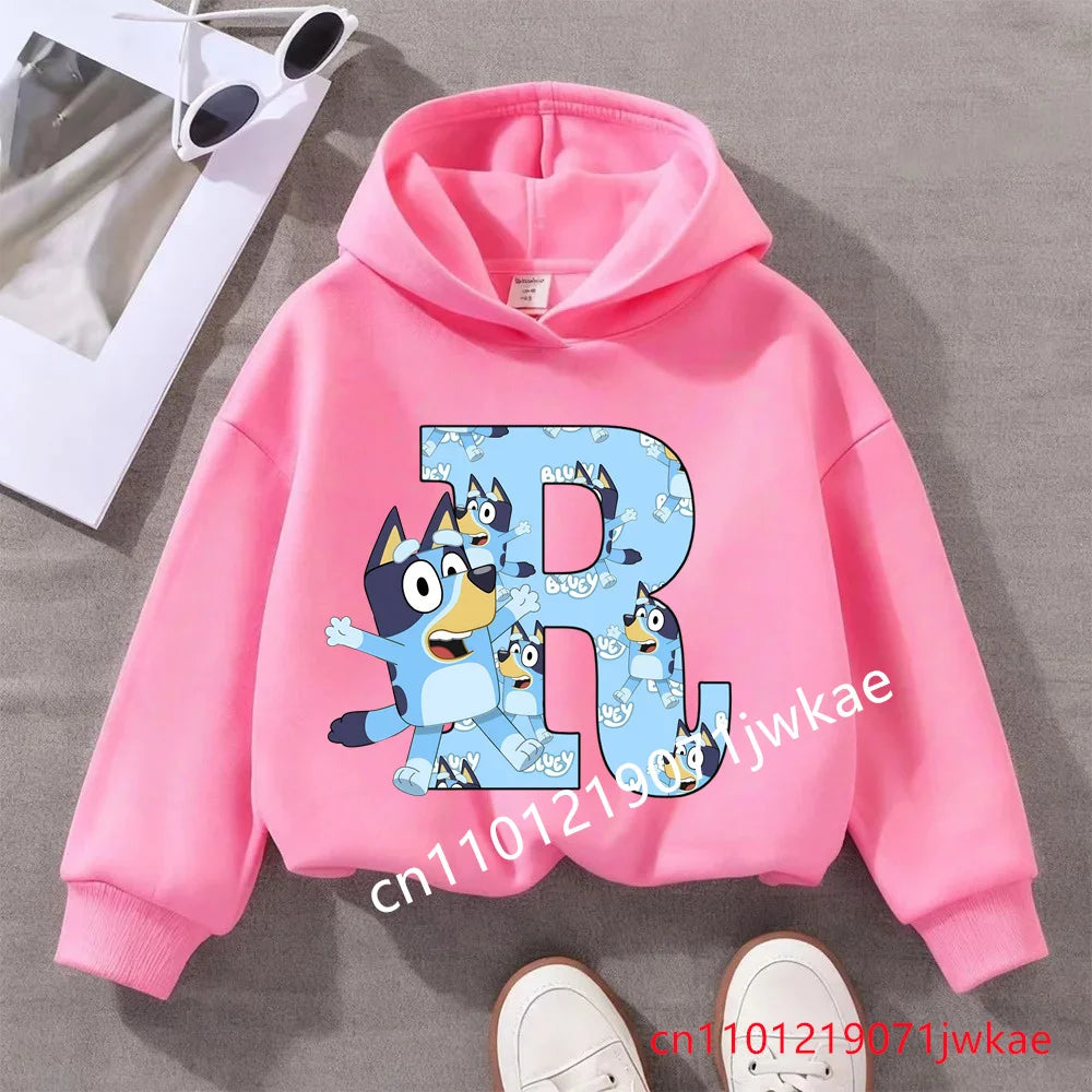 Kids Bluey Letter ABCD Pattern Printing Hooded Sweatshirt Fall Winter Warm Soft Pullover Comfortable Playwear for Boys Girls