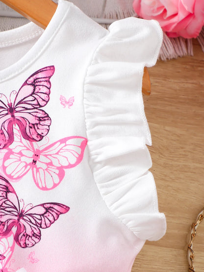 Girls' Spring and Summer Knitted Casual Fashion Round Neck Flutter Sleeve Ruffle Dress with Butterfly Digital Print, Suitable for Holidays, Vacations, Beach, Parties, Gifts