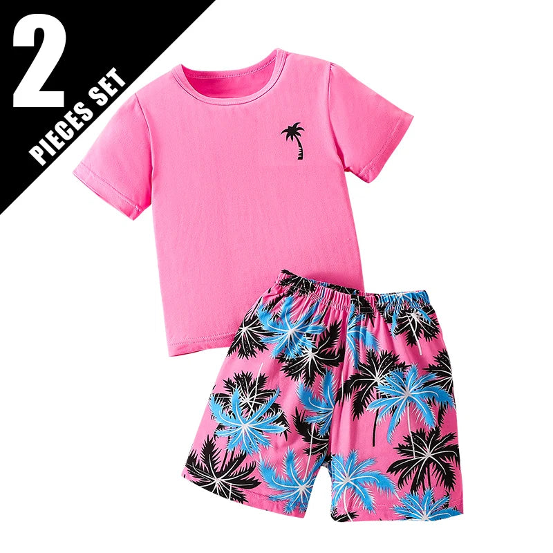 Children's summer leisure sports printed short sleeved shorts set, boys and girls vacation style fashionable T-shirt pants