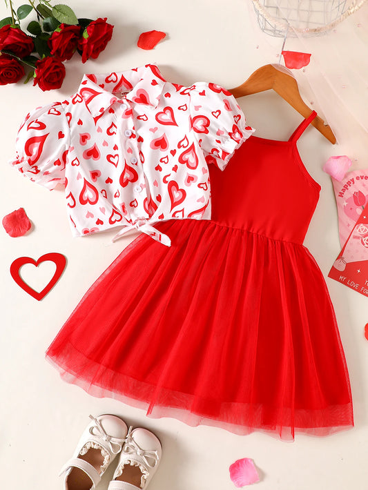 Summer Girls Clothing Set Heart-Printed Shirt Tops And Vest Dress 2-Piece Sets For Kids Girl 3-8 Y Valentine's Day Gift