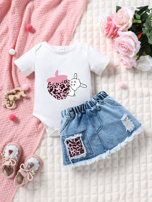 Summer Infant Girl's Sweet Two-Piece Set Leopard Strawberry Rabbit Print Short Sleeve Top with Frayed Denim Mini Skirt Outfit