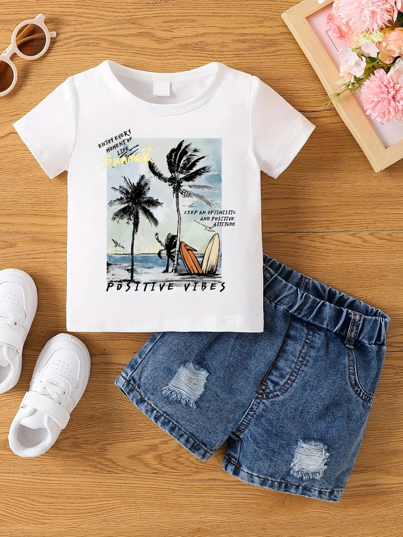 Aby Boys and Girls Summer Hot Painted Round Neck Short-sleeved Top Girls Just T-shirts. Shorts not included