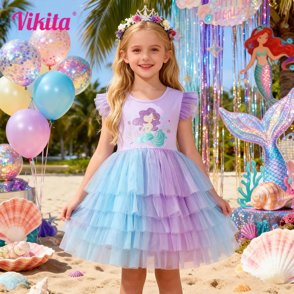 VIKITA Kids Princess Party Daily Summer Tutu Dress Girl Mermaid Purple Costumes Kids Elegant Tulle Mesh Prom Gown 3-10 Yrs