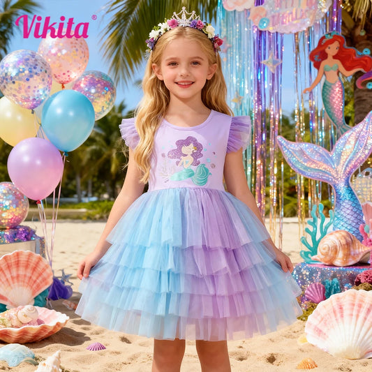 VIKITA Kids Princess Party Daily Summer Tutu Dress Girl Mermaid Purple Costumes Kids Elegant Tulle Mesh Prom Gown 3-10 Yrs