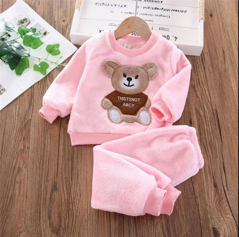New Clothing Sets Baby Boys Girls Winter Plus Velvet Thick Flannel Fleece Homewear 3Pcs Children Warm Cartoon Sleepwear Suit