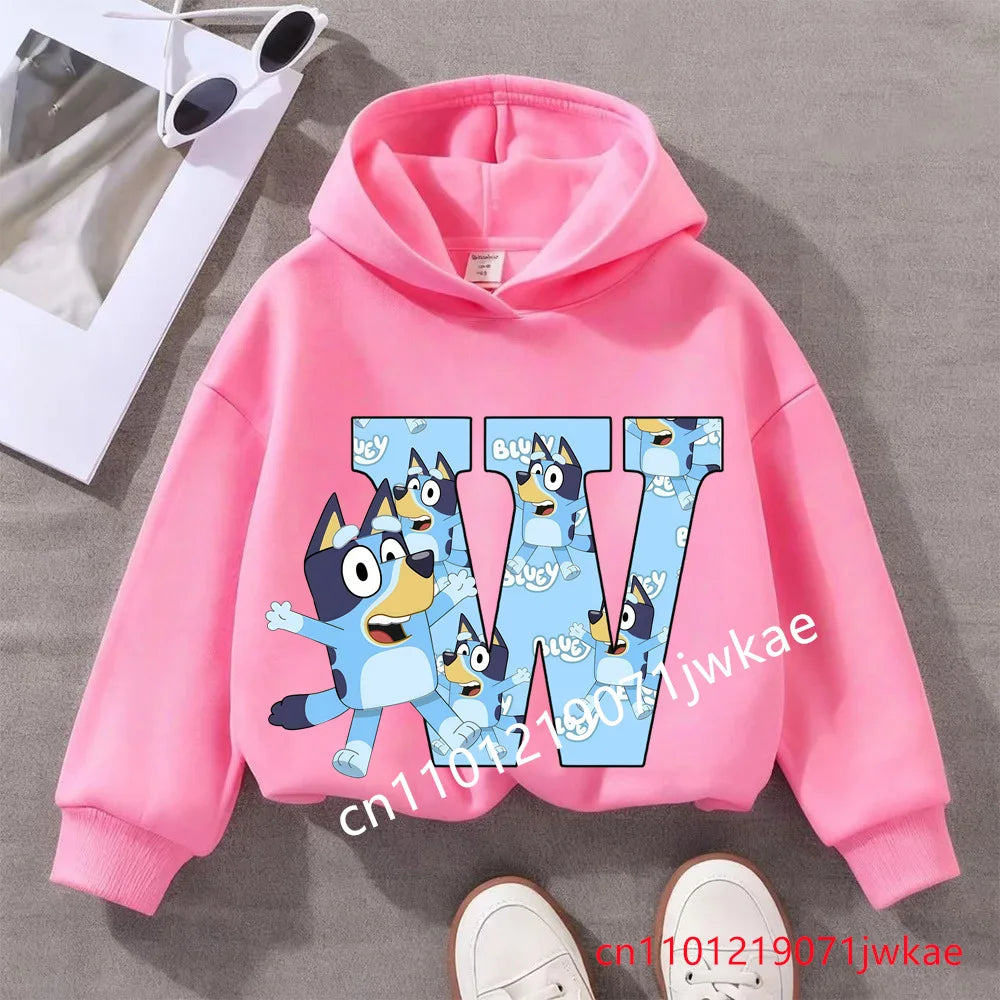 Kids Bluey Letter ABCD Pattern Printing Hooded Sweatshirt Fall Winter Warm Soft Pullover Comfortable Playwear for Boys Girls